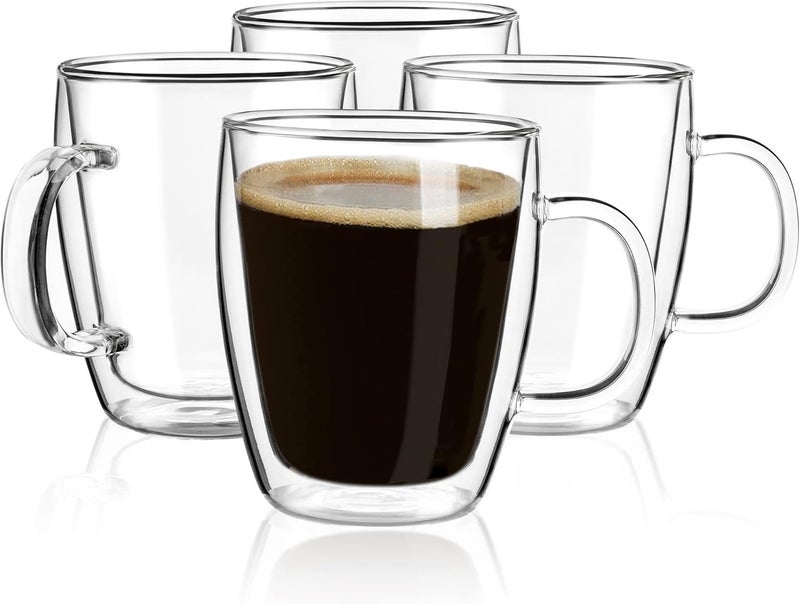 YUNCANG Double Wall Coffee Mugs, (4-Pcak) 16 Ounces-Clear Glass with Handle,lnsulated,Cappuccino,Tea,LatteCups,Beverage Glasses Heat Resistant - Image 1