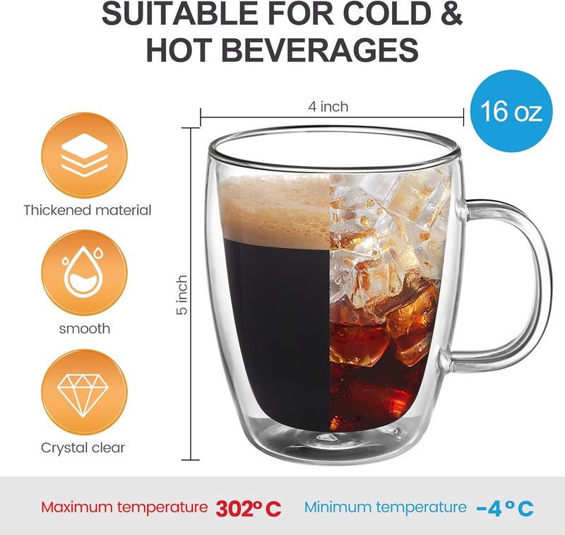 YUNCANG Double Wall Coffee Mugs, (4-Pcak) 16 Ounces-Clear Glass with Handle,lnsulated,Cappuccino,Tea,LatteCups,Beverage Glasses Heat Resistant - Image 2
