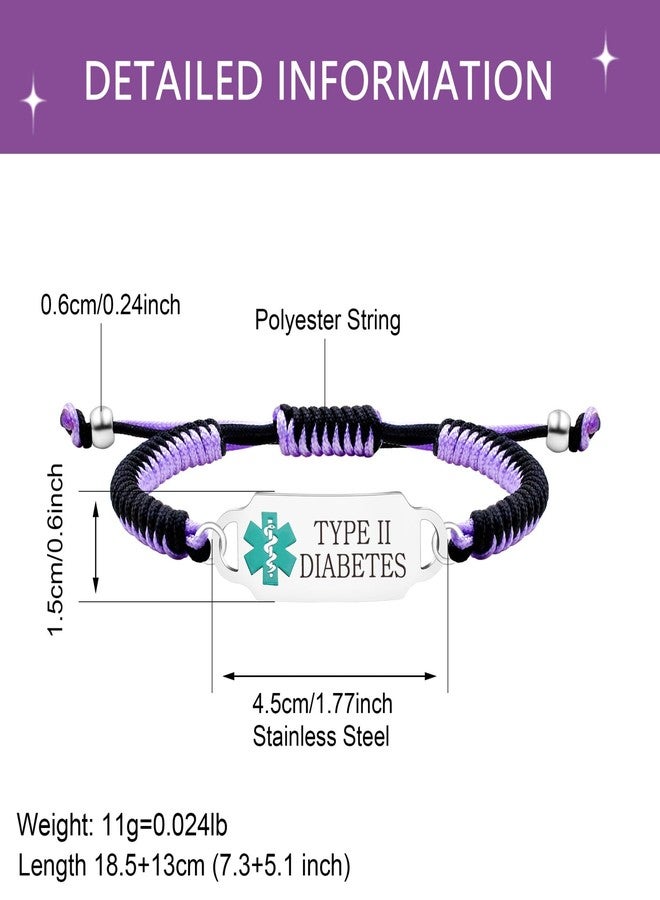 Tobestu Type II Diabetes Medical Bracelet, Engraved Emergency ID Wristband for Adults and Diabetes Sufferers, Adjustable Health Alert Band with Braided Rope YA5657 - Image 5