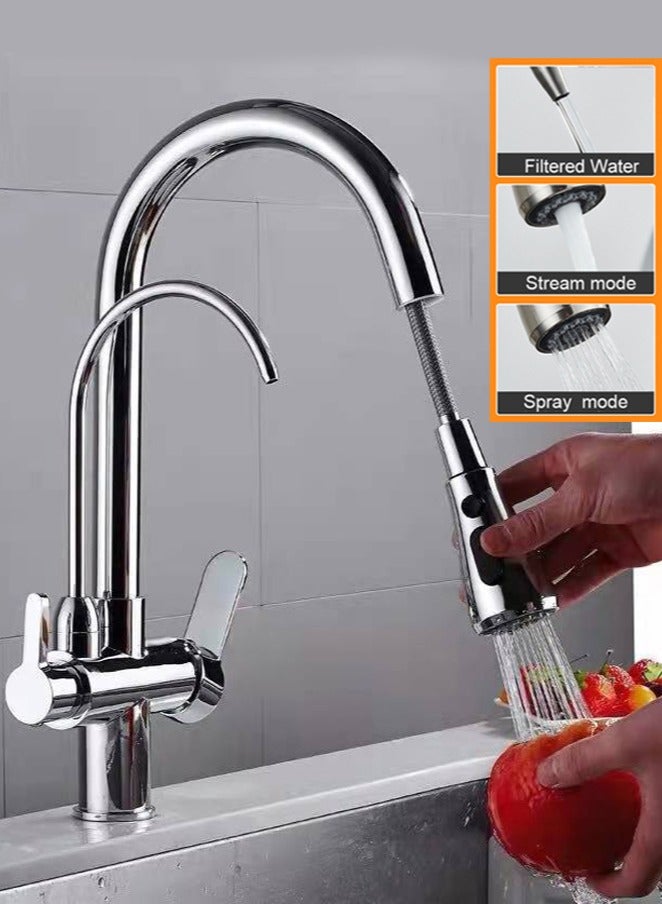 موندا صنبور المطبخ القابل للسحب الساخن والبارد ثلاثة في واحد، صنبور الشرب المباشر النقي، صنبور حوض المغسلة - Image 1