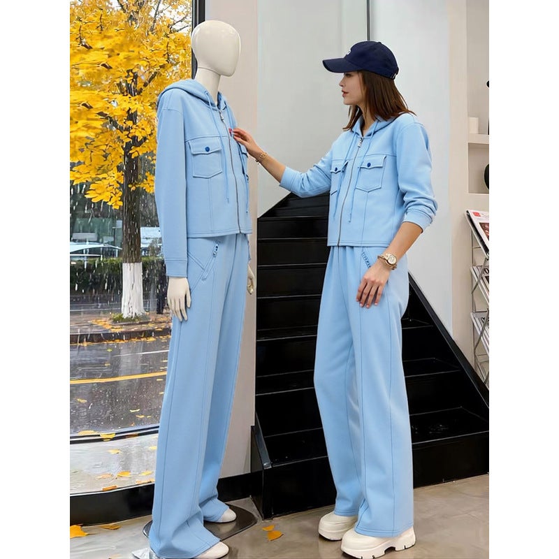Women's Casual Tracksuit Set, Blue, Hooded Sweatshirt and Wide-Leg Pants - Image 2