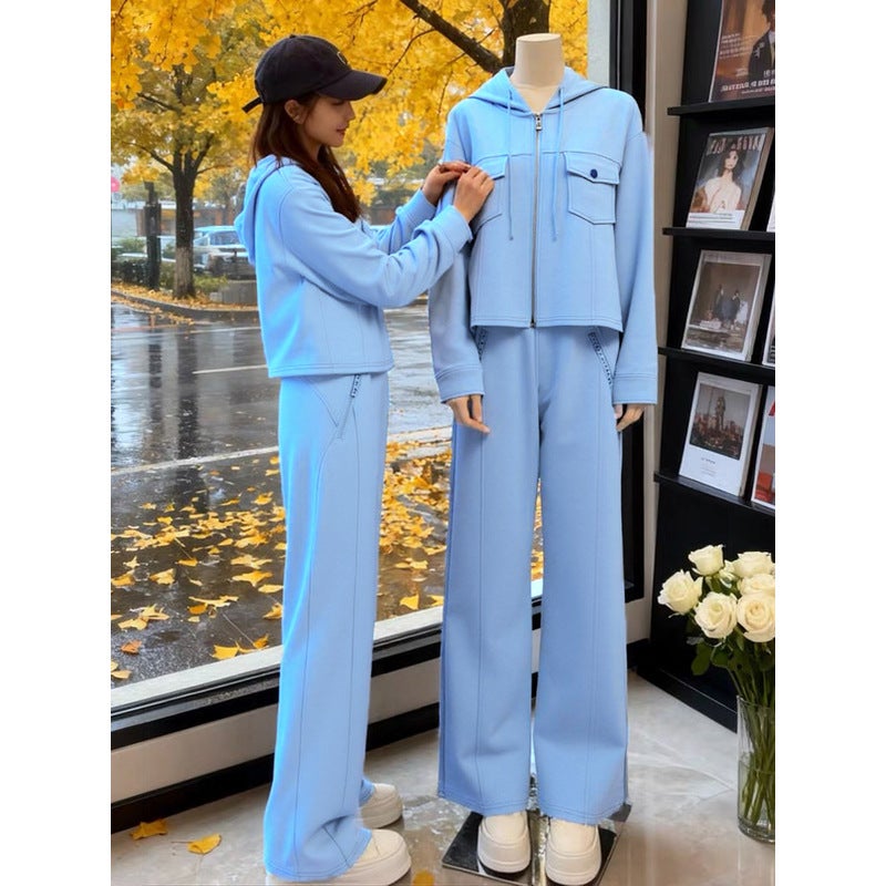 Women's Casual Tracksuit Set, Blue, Hooded Sweatshirt and Wide-Leg Pants - Image 1
