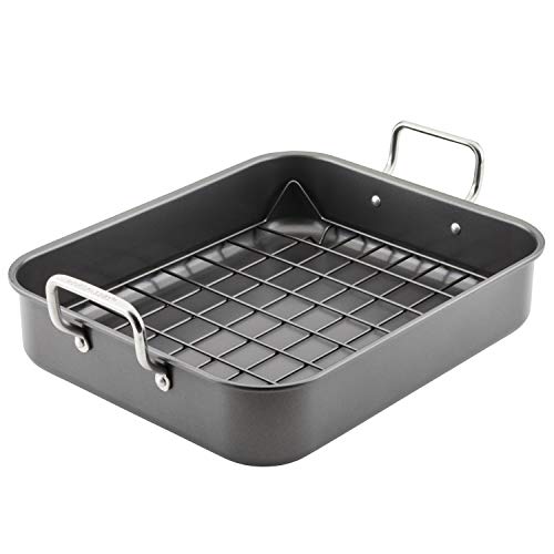 Rachael Ray Rachael Ray Bakeware Nonstick RoasterRoasting Pan with Reversible Rack 165 Inch x 135 Inch Gray 