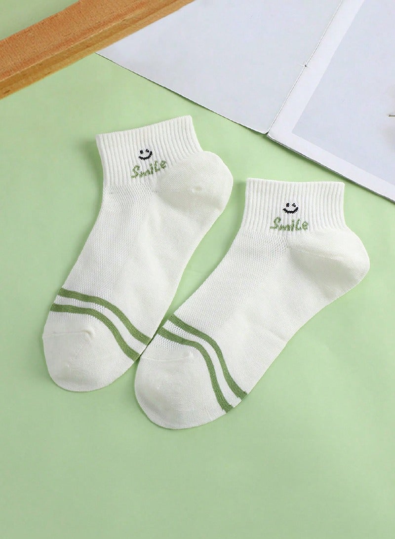 1 Pair Smiley Face Green Stripes White Crew Socks Fashion Boot Socks Casual Soft Ankle Socks Short socks for Girl Women 