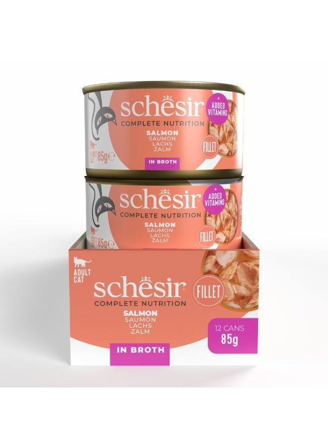 Schesir Pack of 12-Schesir Complete & Balanced Nutrition Wet Cat Food in Broth Can- Natural Salmon 85g - Image 1