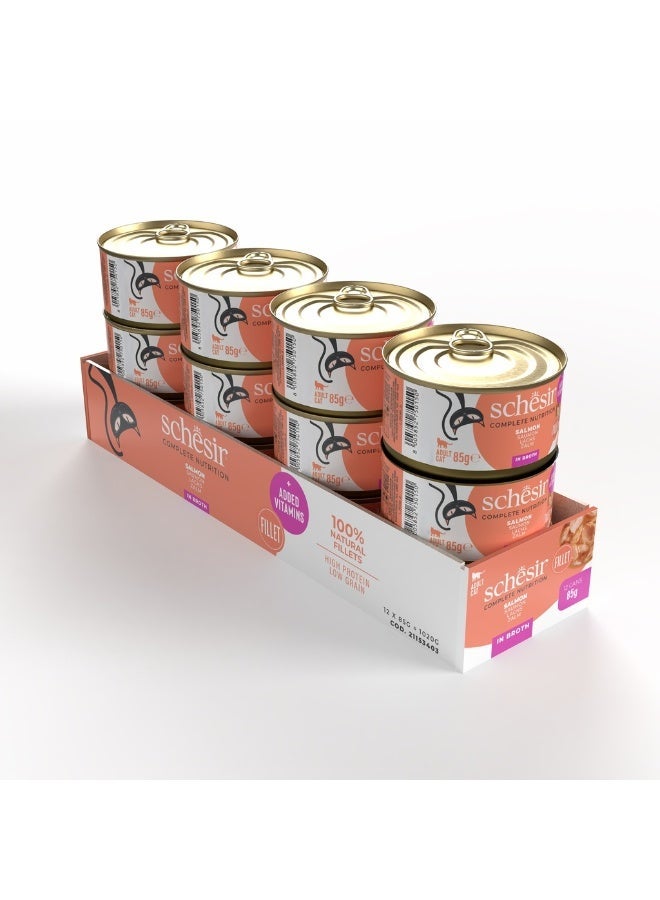 Schesir Pack of 12-Schesir Complete & Balanced Nutrition Wet Cat Food in Broth Can- Natural Salmon 85g - Image 2