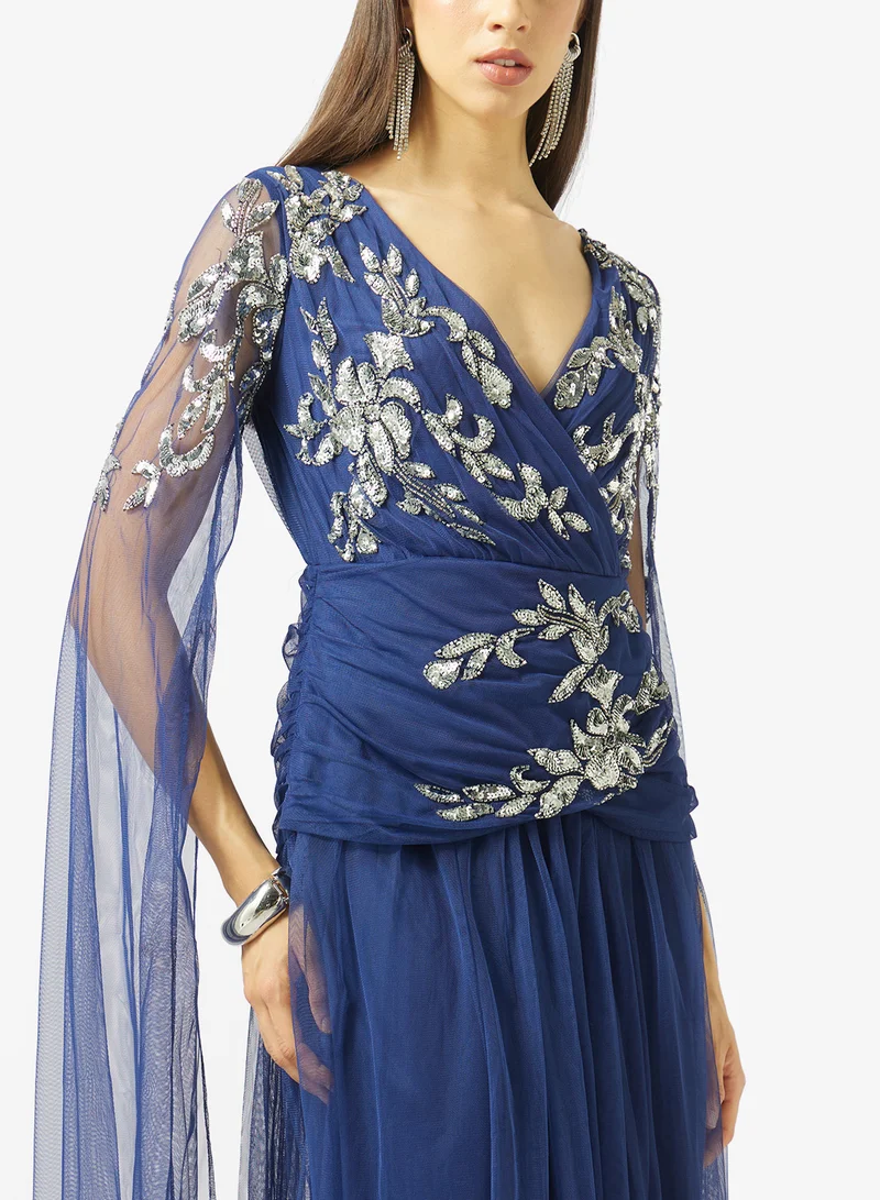 Amelia Rose  v-neck draped sleeve maxi dress for Women | Best Price UAE