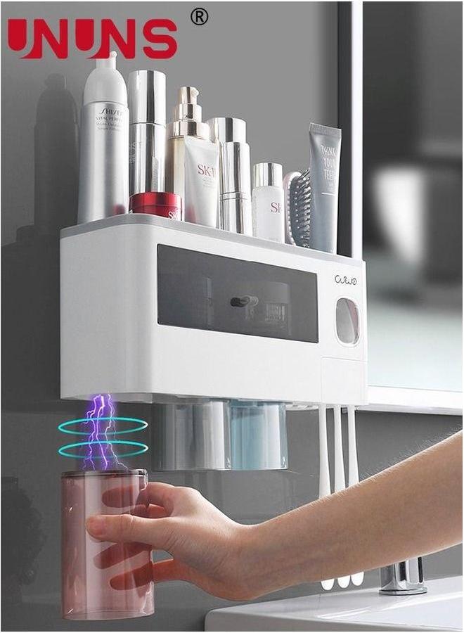 UNUNS Toothbrush Holders Wall Mounted, Automatic Toothpaste Dispenser Set for Bathrooms, Multifunctional Bathroom Organizer Holder with Cosmetic Drawer, 3 Magnetic Cups and Slots - Image 4