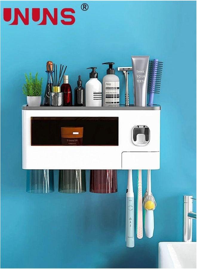 UNUNS Toothbrush Holders Wall Mounted, Automatic Toothpaste Dispenser Set for Bathrooms, Multifunctional Bathroom Organizer Holder with Cosmetic Drawer, 3 Magnetic Cups and Slots - Image 1