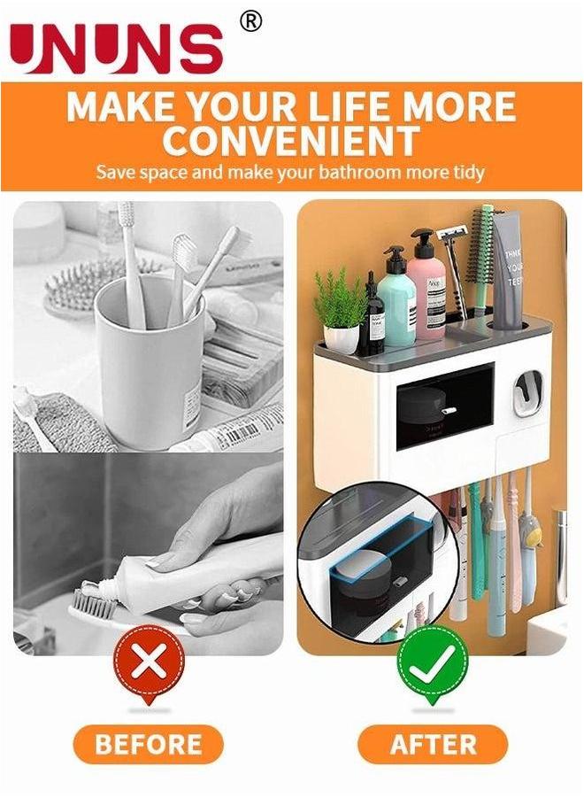 UNUNS Toothbrush Holders Wall Mounted, Automatic Toothpaste Dispenser Set for Bathrooms, Multifunctional Bathroom Organizer Holder with Cosmetic Drawer, 3 Magnetic Cups and Slots - Image 2