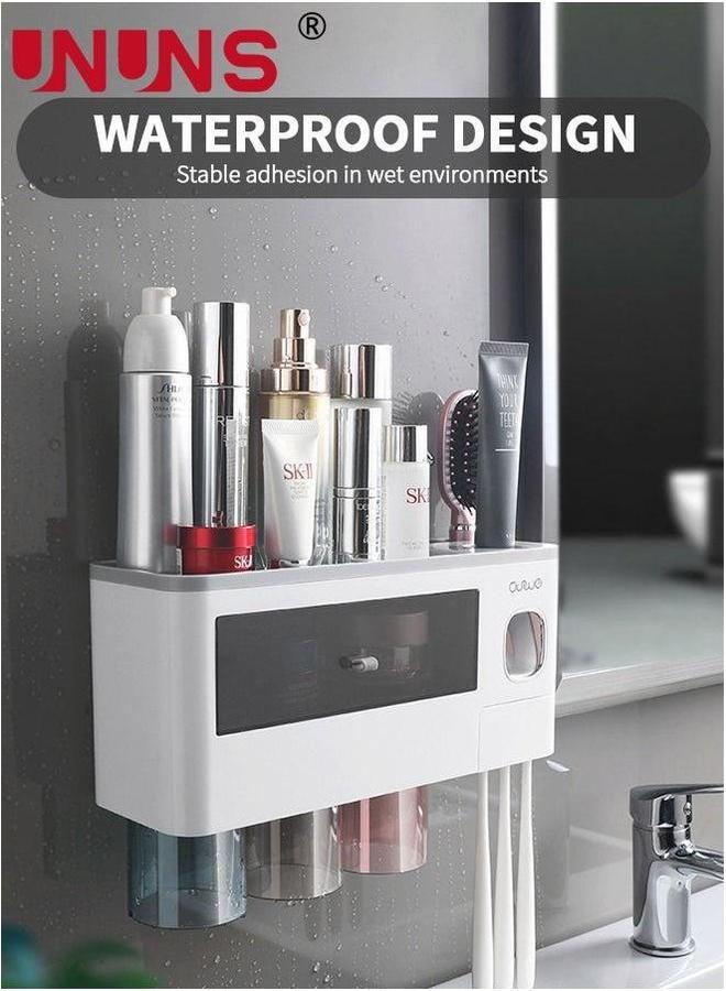 UNUNS Toothbrush Holders Wall Mounted, Automatic Toothpaste Dispenser Set for Bathrooms, Multifunctional Bathroom Organizer Holder with Cosmetic Drawer, 3 Magnetic Cups and Slots - Image 5