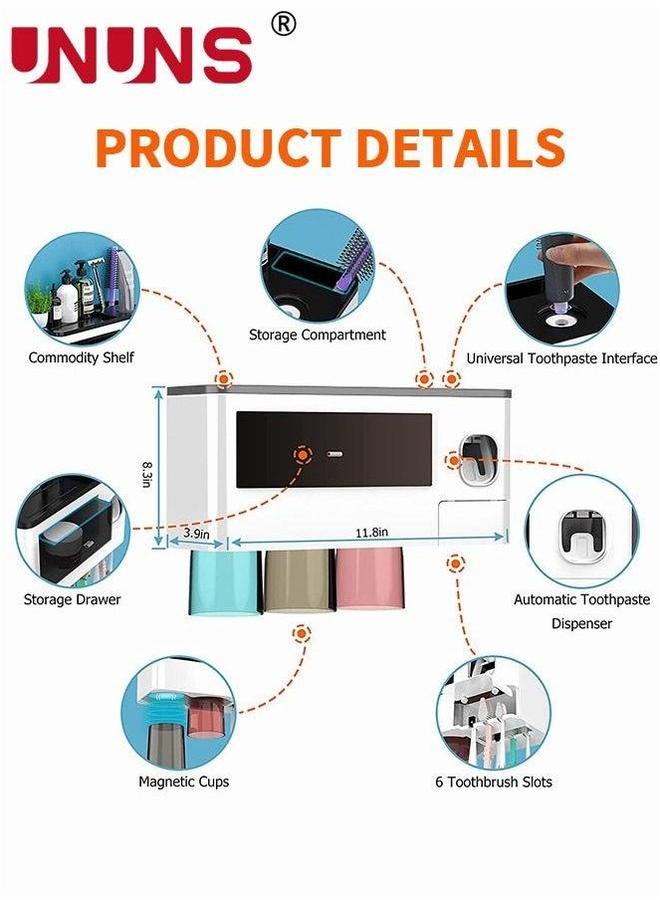 UNUNS Toothbrush Holders Wall Mounted, Automatic Toothpaste Dispenser Set for Bathrooms, Multifunctional Bathroom Organizer Holder with Cosmetic Drawer, 3 Magnetic Cups and Slots - Image 3