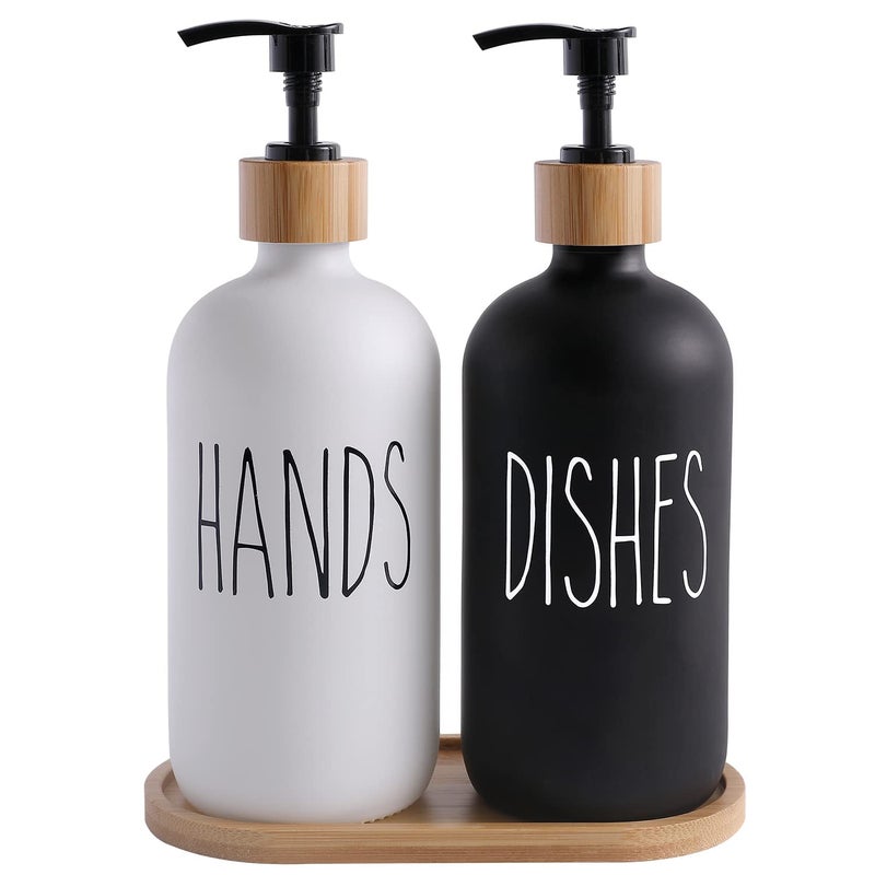 STORE 2508 Store2508 2 Pcs Glass Liquid Dispenser Hands&Dishes Liquid Soap Dispenser Set With Bamboo Tray,Multicolour - Image 1