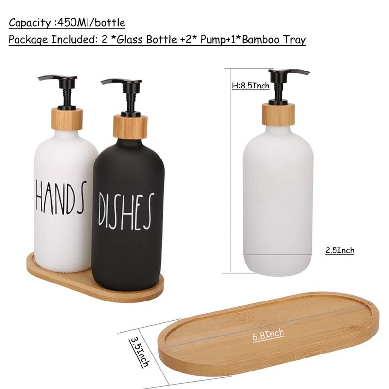 STORE 2508 Store2508 2 Pcs Glass Liquid Dispenser Hands&Dishes Liquid Soap Dispenser Set With Bamboo Tray,Multicolour - Image 4