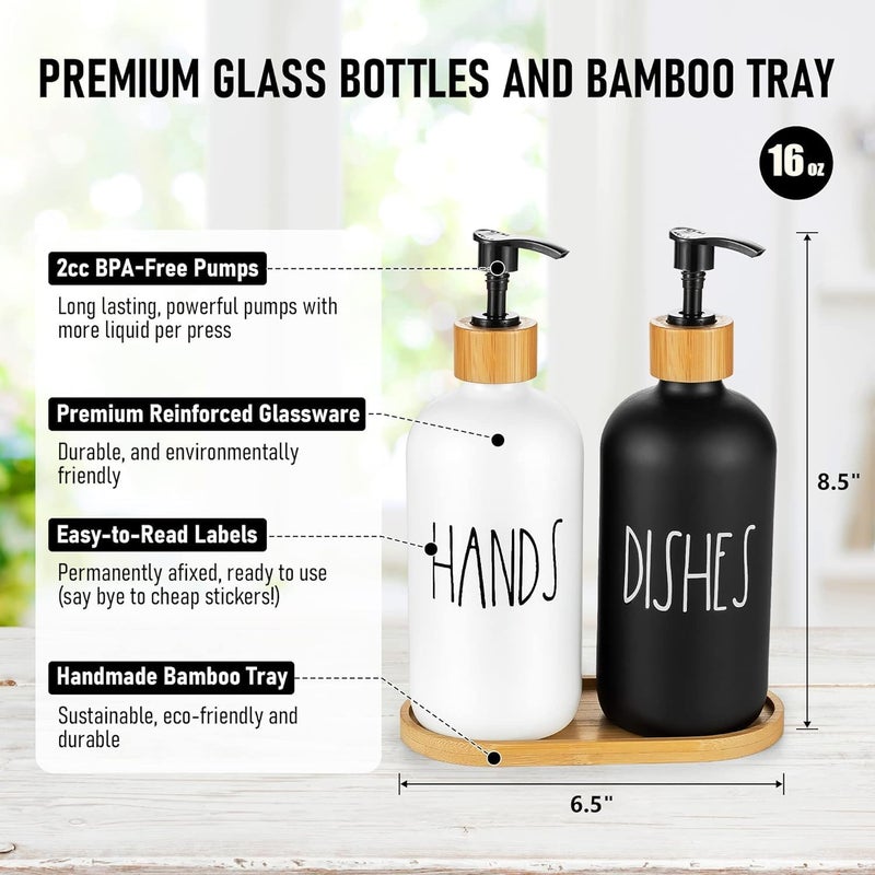 STORE 2508 Store2508 2 Pcs Glass Liquid Dispenser Hands&Dishes Liquid Soap Dispenser Set With Bamboo Tray,Multicolour - Image 2