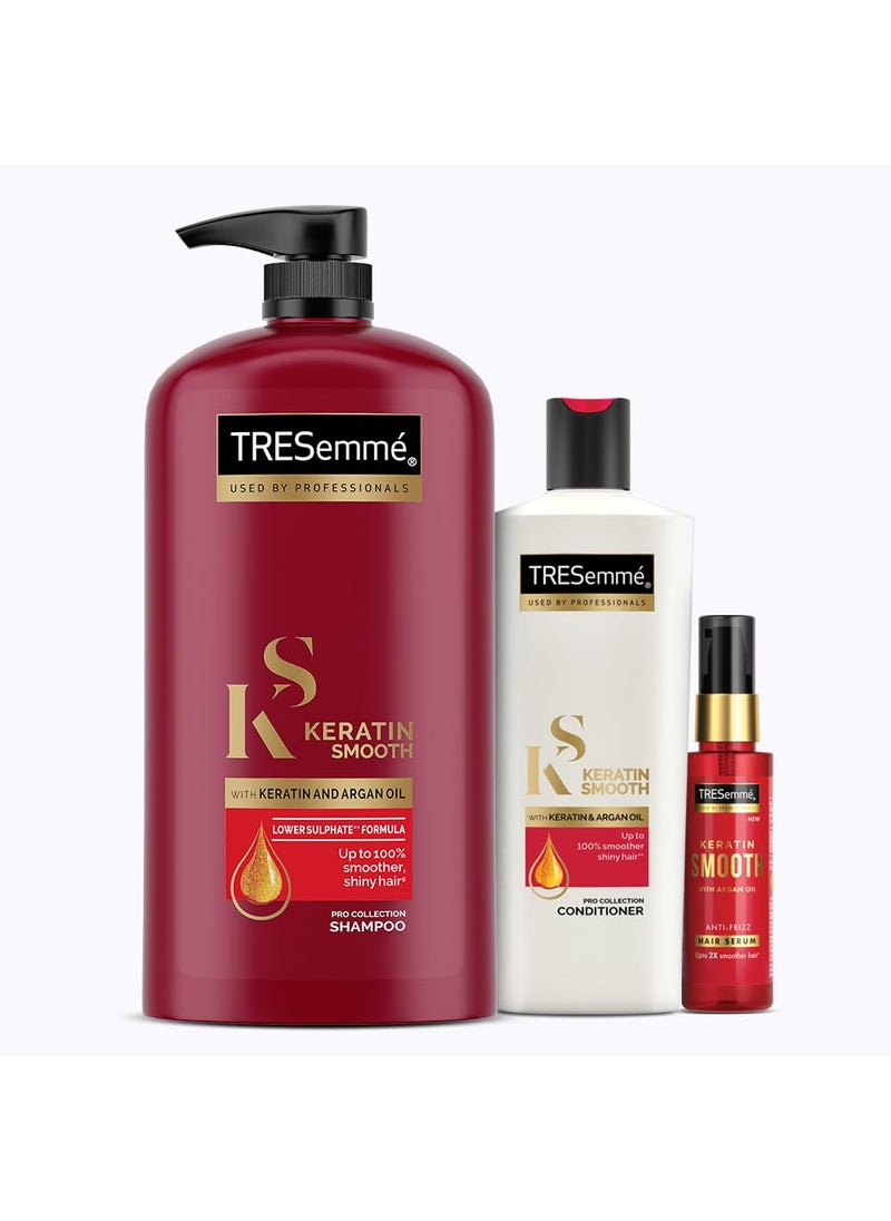 Tresemme TRESemme Keratin Smooth Shampoo 1L  Conditioner 340ml  Serum 50ml Combo With Keratin  Argan Oil for Straight Shiny Hair  Nourishes Dry Hair  Controls Frizz For Men  Women  - Image 1