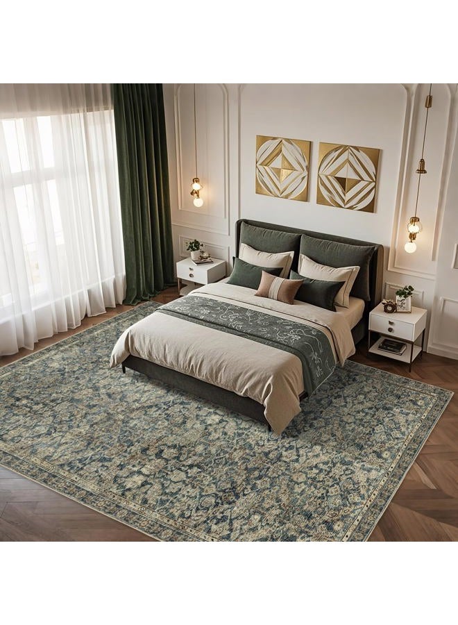 Brevonox 9x12 Area Rugs Washable: Oriental Soft Area Rug for Living Room Bedroom No Shedding - Low Pile Thin Carpet Rug for Dining Room Non Slip - Boho Vintage Rug for Home Decor - Antique Teal - Image 2