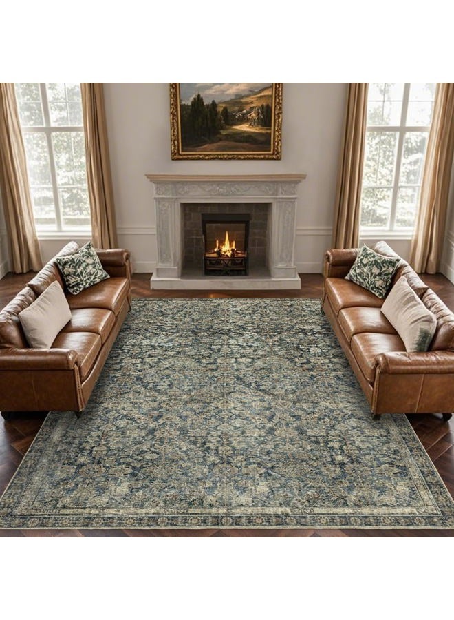 Brevonox 9x12 Area Rugs Washable: Oriental Soft Area Rug for Living Room Bedroom No Shedding - Low Pile Thin Carpet Rug for Dining Room Non Slip - Boho Vintage Rug for Home Decor - Antique Teal - Image 1