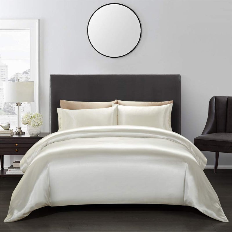 AiMay 3 Piece Satin Duvet Cover Set Bedding Sets Queen Off White 1800 Series Luxury Rich Silk Silky Super Soft Solid Color Reversible Honeymoon Wrinkle Free (Queen, Off White) - Image 1