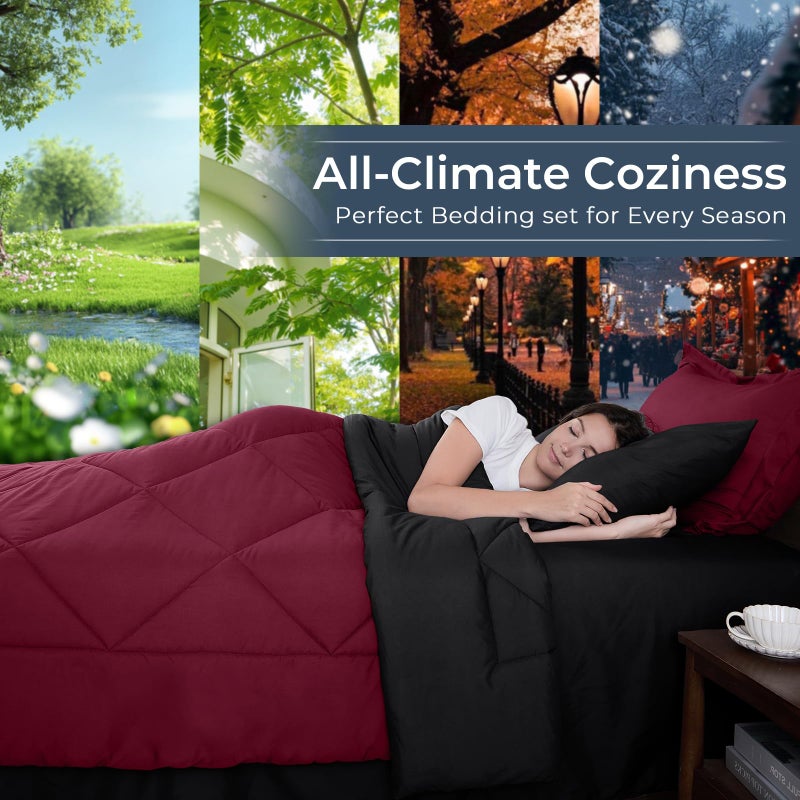 HEVUMYI Red & Black Queen Comforter Set - 7-Piece All Season Burgundy Bed in a Bag Queen, Ultra Soft Bedding Set with Comforter, Flat Sheet, Fitted Sheet, Pillowcases, Pillow Shams, Burgundy - Image 3