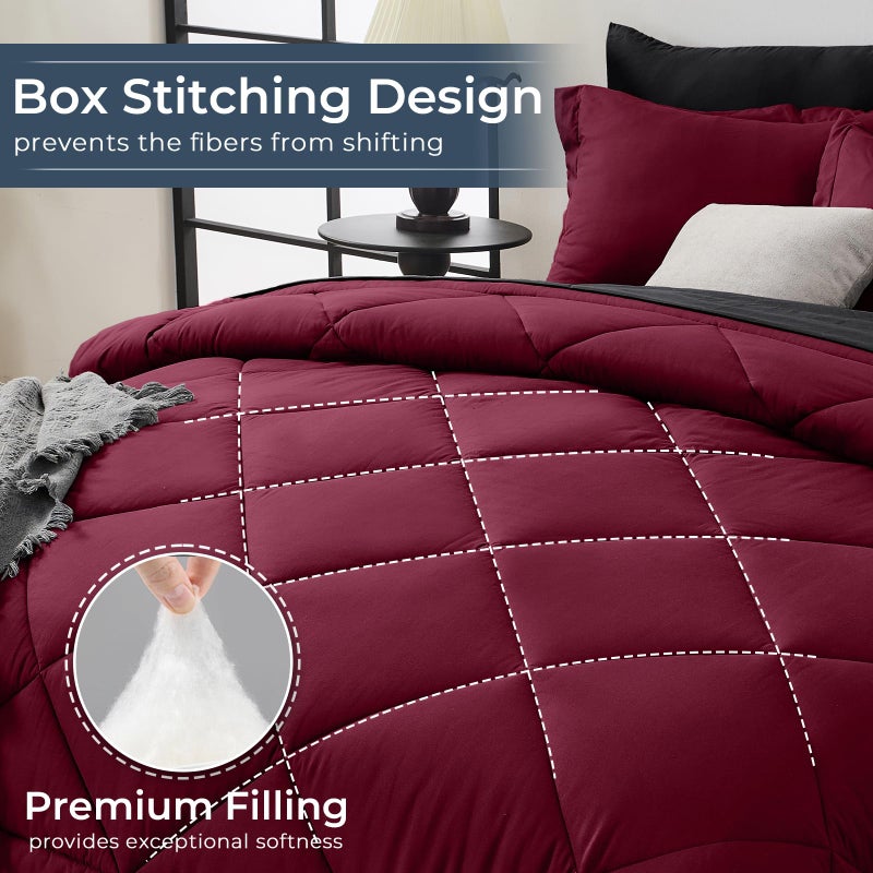 HEVUMYI Red & Black Queen Comforter Set - 7-Piece All Season Burgundy Bed in a Bag Queen, Ultra Soft Bedding Set with Comforter, Flat Sheet, Fitted Sheet, Pillowcases, Pillow Shams, Burgundy - Image 4