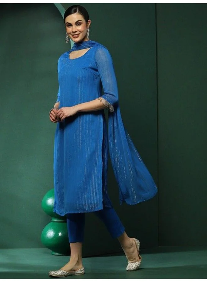 AKS AKS Couture Striped Round Neck Straight Kurta With Trousers And Dupatta