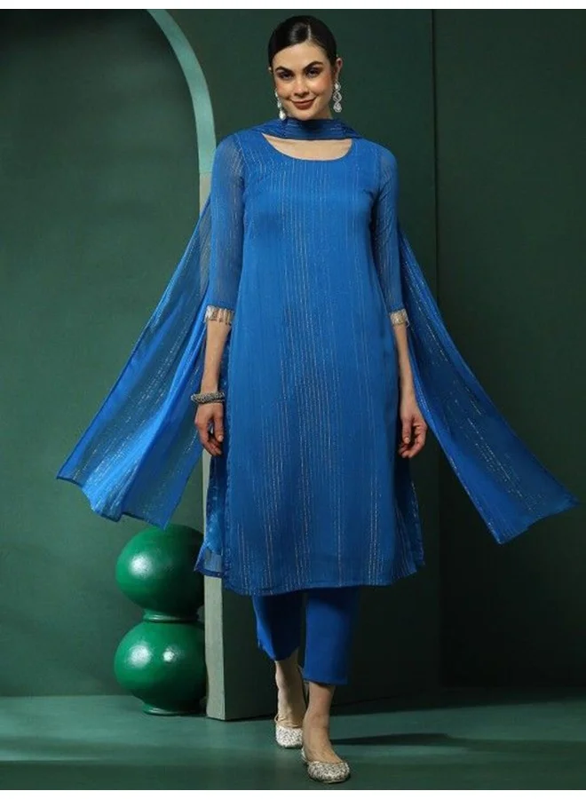 AKS AKS Couture Striped Round Neck Straight Kurta With Trousers And Dupatta