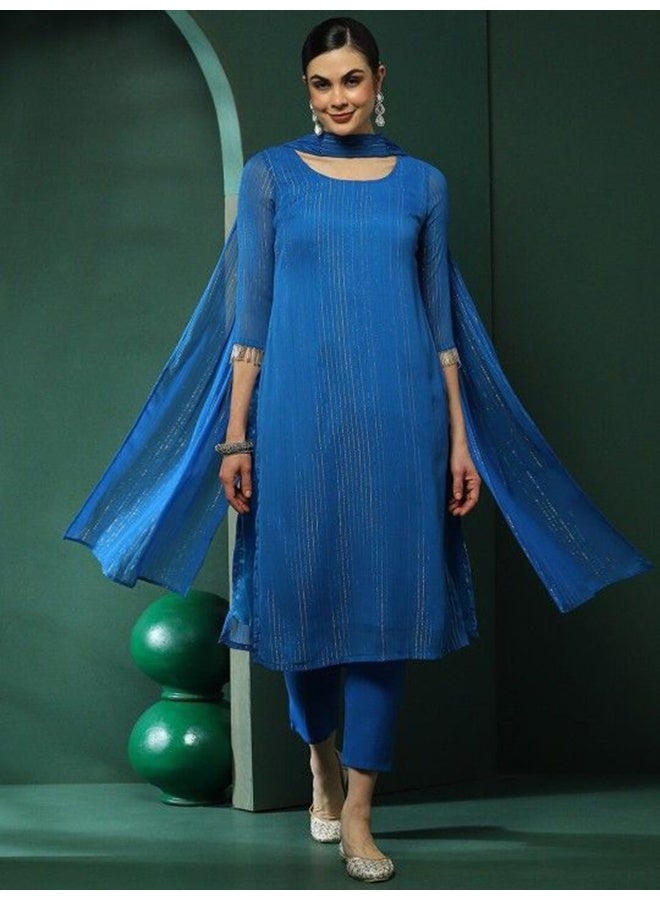 AKS Couture Striped Round Neck Straight Kurta With Trousers And Dupatta - Image 1