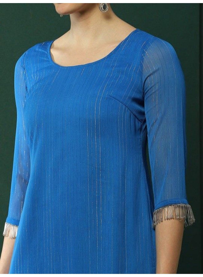 AKS Couture Striped Round Neck Straight Kurta With Trousers And Dupatta - Image 2