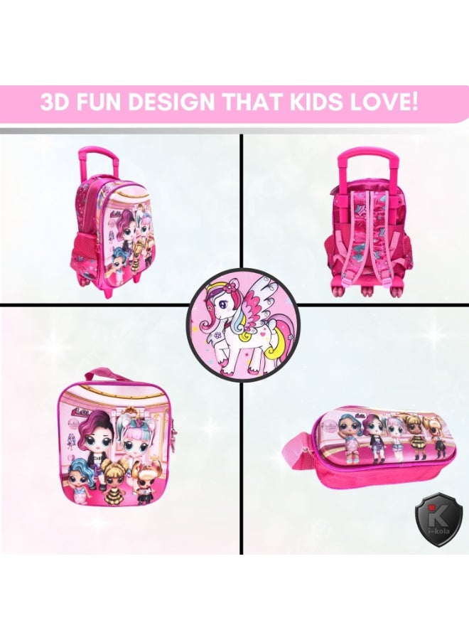 i-kola Pink LL 15T3 15-Inch 3D 3PC Kids Trolley Set | Rolling School Bag with Spill-Proof Lunch Bag & Pencil Case | Wheeled School Luggage for Boys & Girls (IK311-15T3) - Image 4