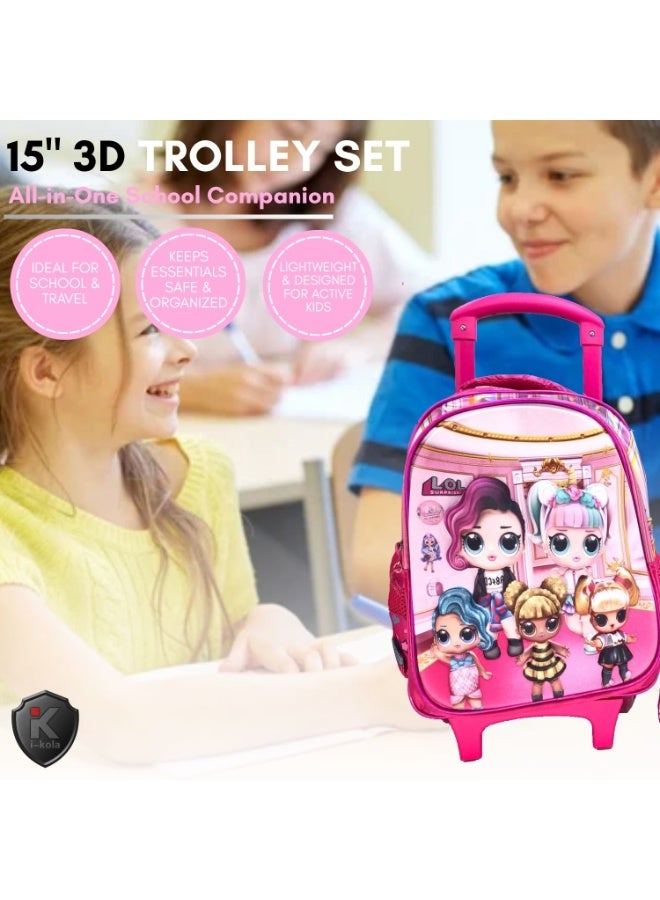 i-kola Pink LL 15T3 15-Inch 3D 3PC Kids Trolley Set | Rolling School Bag with Spill-Proof Lunch Bag & Pencil Case | Wheeled School Luggage for Boys & Girls (IK311-15T3) - Image 3