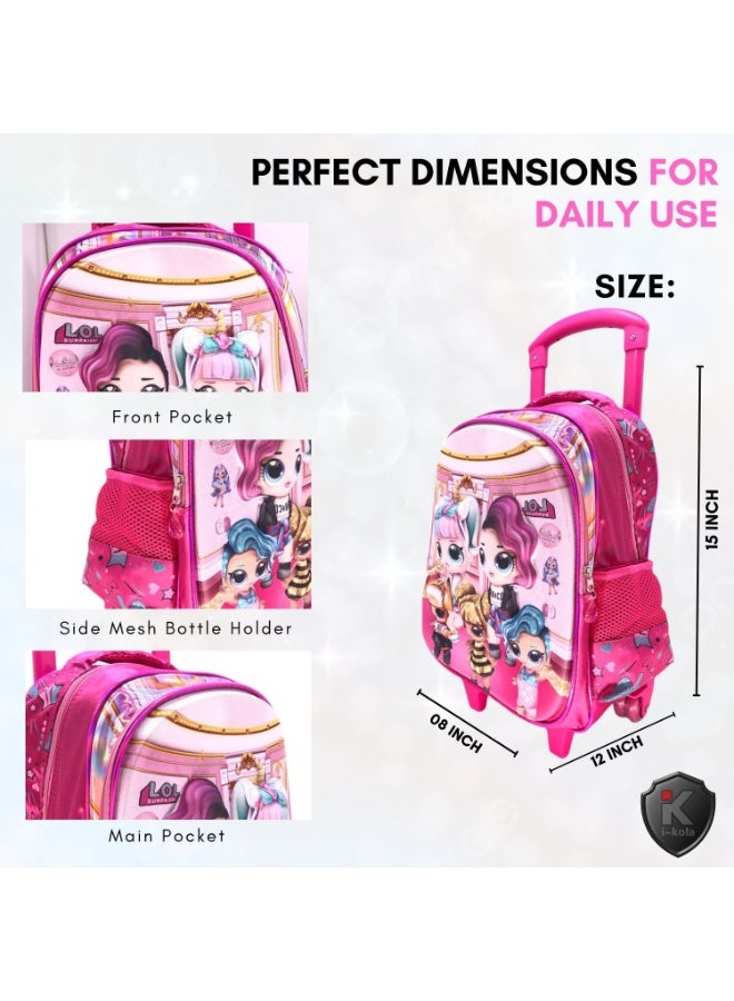 i-kola Pink LL 15T3 15-Inch 3D 3PC Kids Trolley Set | Rolling School Bag with Spill-Proof Lunch Bag & Pencil Case | Wheeled School Luggage for Boys & Girls (IK311-15T3) - Image 2