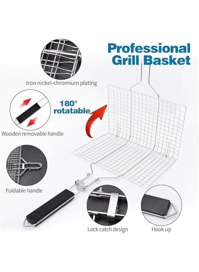هوكور Toriseek Grill Basket, Large Folding Grilling Basket with Brush, Portable Grilling Rack Camping Cooking Gear BBQ Griller Accessories for Chicken, Meat, Steak, Chops (50×32×3.5cm) - Image 3