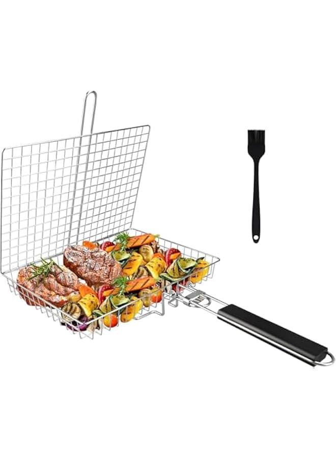 هوكور Toriseek Grill Basket, Large Folding Grilling Basket with Brush, Portable Grilling Rack Camping Cooking Gear BBQ Griller Accessories for Chicken, Meat, Steak, Chops (50×32×3.5cm) - Image 1