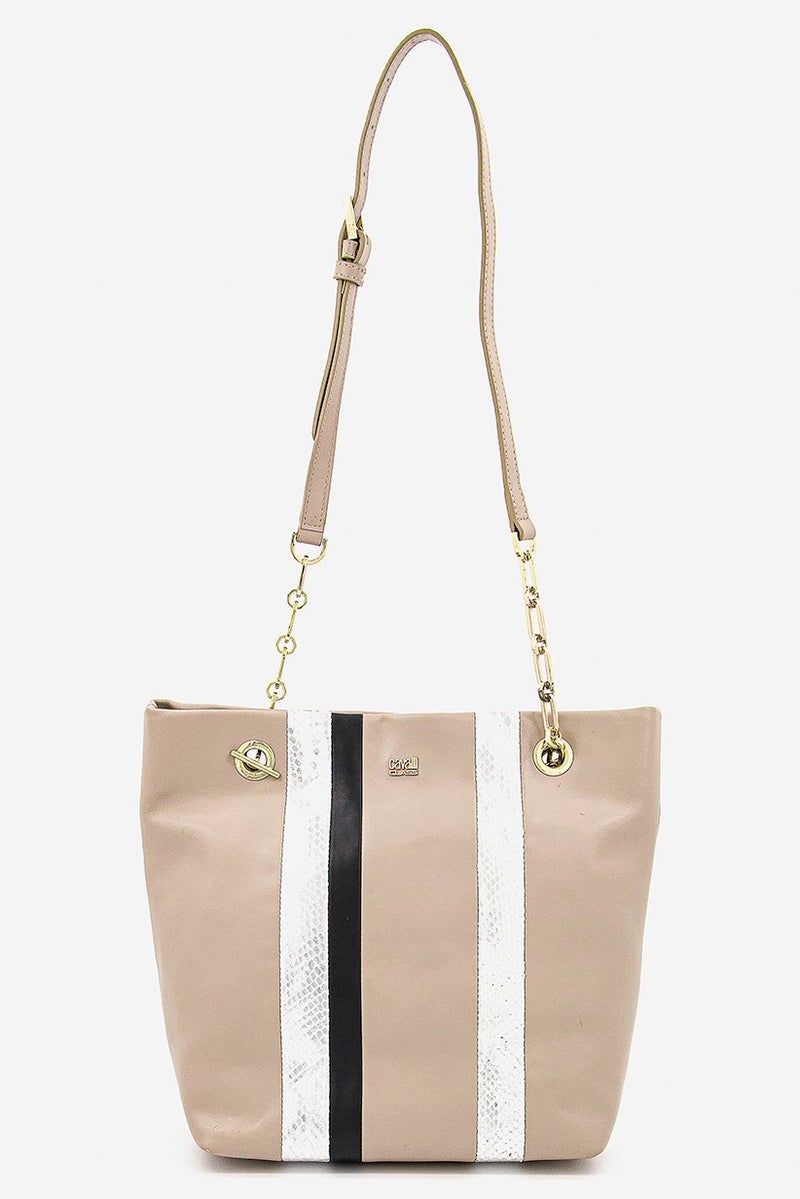 Cavalli Class Women Leather Shoulder Bag 24 L x 26 H x 12.5 W cm, Taupe and Silver and Black - Image 1