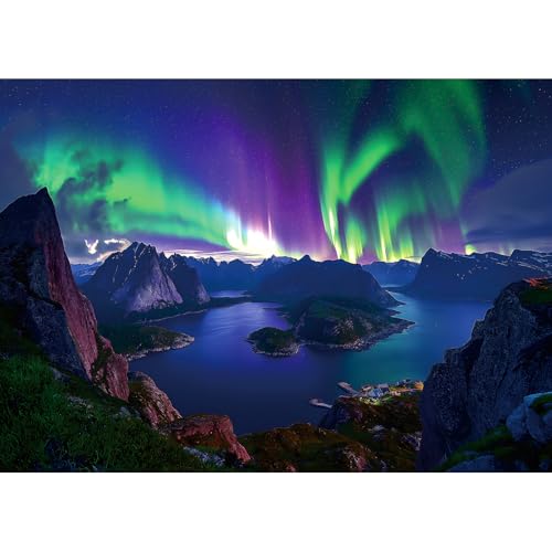 Blueforest 1000 Piece Aurora Jigsaw Puzzle for Adults 275x197 Inch Stunning Lofoten Islands Northern Lights Mountain Landscape Unique Art Puzzle for Home Decor - Image 1