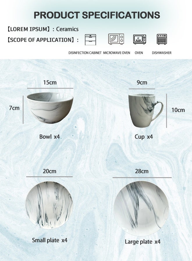 طقم عشاء بورسلين مكون من 16 قطعة، أطباق، أكواب، أوعية، تكفي 4 أشخاص، لون أبيض رخامي وأزرق مختلط - Image 4