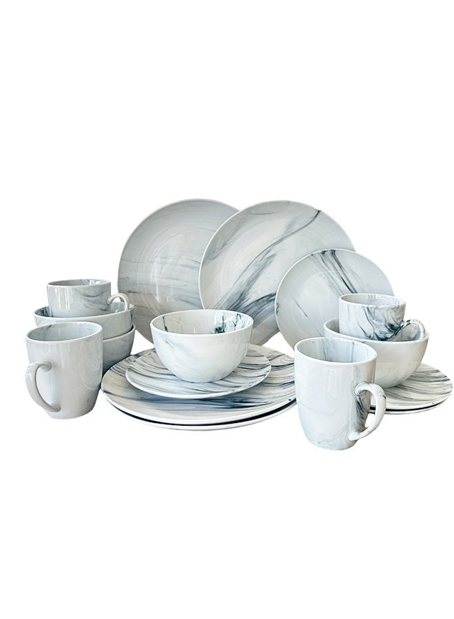 طقم عشاء بورسلين مكون من 16 قطعة، أطباق، أكواب، أوعية، تكفي 4 أشخاص، لون أبيض رخامي وأزرق مختلط - Image 2