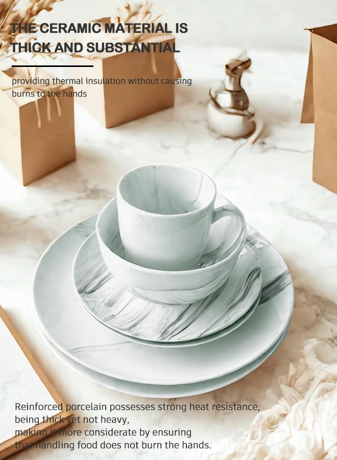 طقم عشاء بورسلين مكون من 16 قطعة، أطباق، أكواب، أوعية، تكفي 4 أشخاص، لون أبيض رخامي وأزرق مختلط - Image 3