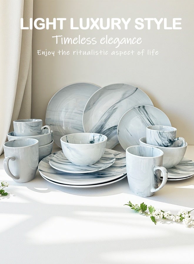 طقم عشاء بورسلين مكون من 16 قطعة، أطباق، أكواب، أوعية، تكفي 4 أشخاص، لون أبيض رخامي وأزرق مختلط - Image 1