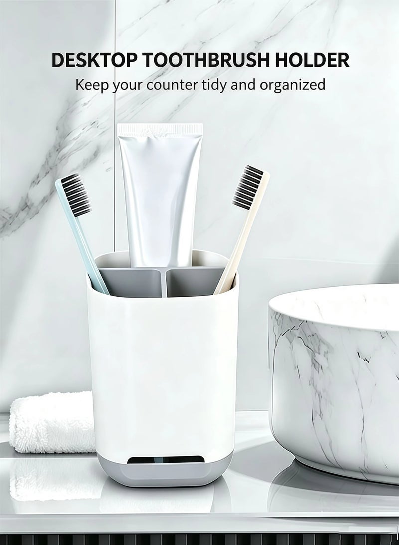 HOMESTAR Bathroom Toothbrush Holder,Compact Kitchen Cutlery Storage Rack,3 Compartments Multifunctional Storage,Bathroom Counter Organizer For Toiletry,Office Stationery,Toothpaste,Toothbrush,Cutlery,White/Grey 9*9*13 cm - Image 1