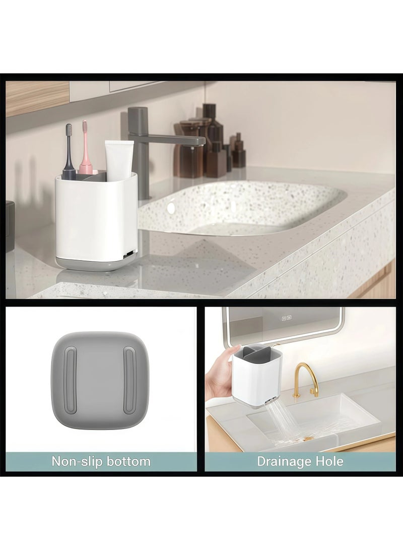 HOMESTAR Bathroom Toothbrush Holder,Compact Kitchen Cutlery Storage Rack,3 Compartments Multifunctional Storage,Bathroom Counter Organizer For Toiletry,Office Stationery,Toothpaste,Toothbrush,Cutlery,White/Grey 9*9*13 cm - Image 5