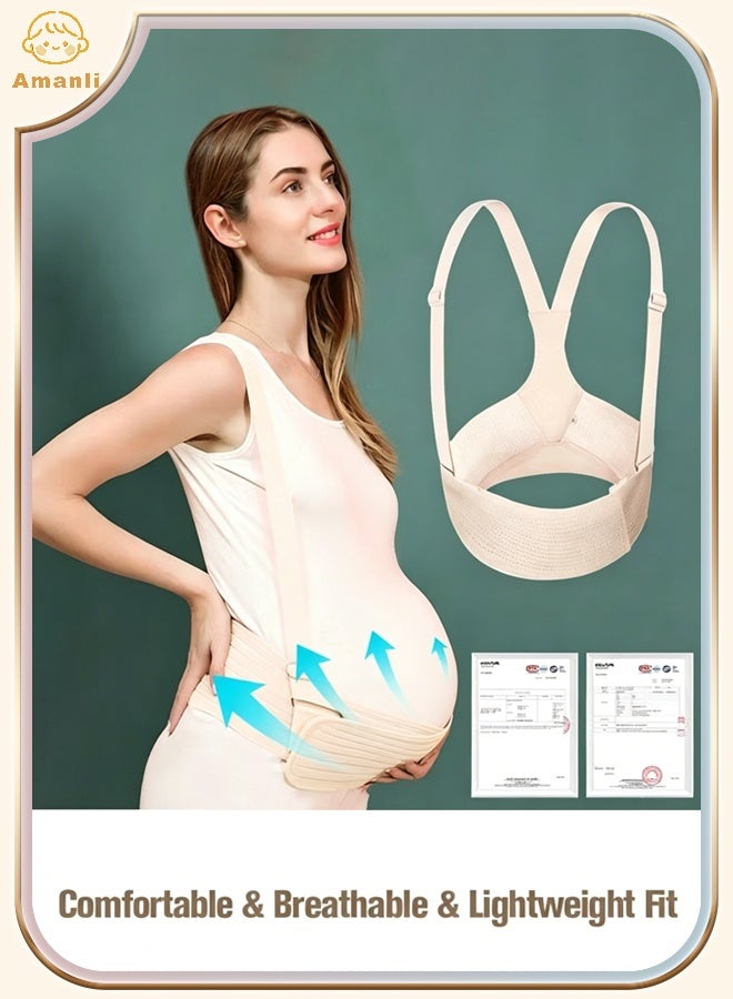 Amanli 1 Pcs Pregnancy Belly Support Band Adjustable Breathable Maternity Support Belt with Shoulder Strap and Back Support（Beige,Large） - Image 1