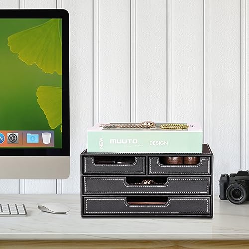 KINGFOM PU Leather Desk Organizer with 4 Drawers Small, Desktop Organizer Drawer for Office Supplies Accessories, Stationery Storage Box Bills Collection Holder Black - Image 5