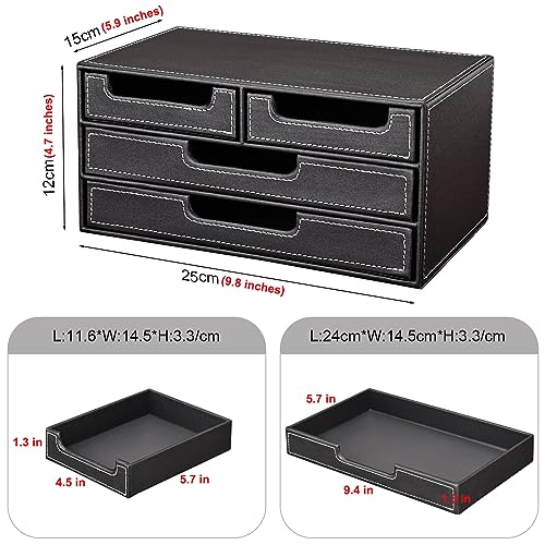 KINGFOM PU Leather Desk Organizer with 4 Drawers Small, Desktop Organizer Drawer for Office Supplies Accessories, Stationery Storage Box Bills Collection Holder Black - Image 2