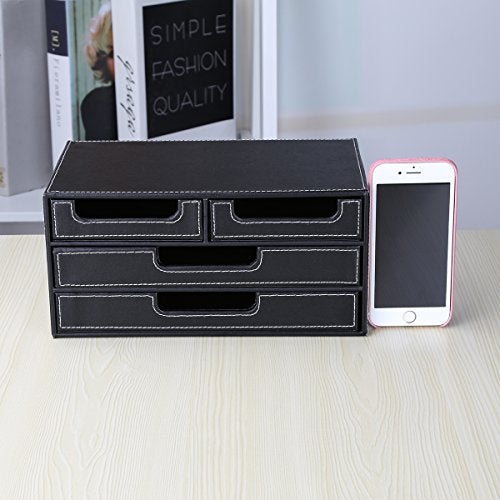 KINGFOM PU Leather Desk Organizer with 4 Drawers Small, Desktop Organizer Drawer for Office Supplies Accessories, Stationery Storage Box Bills Collection Holder Black - Image 4
