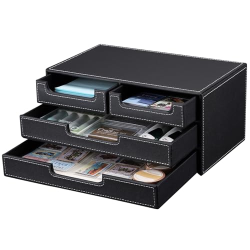 KINGFOM PU Leather Desk Organizer with 4 Drawers Small, Desktop Organizer Drawer for Office Supplies Accessories, Stationery Storage Box Bills Collection Holder Black - Image 1