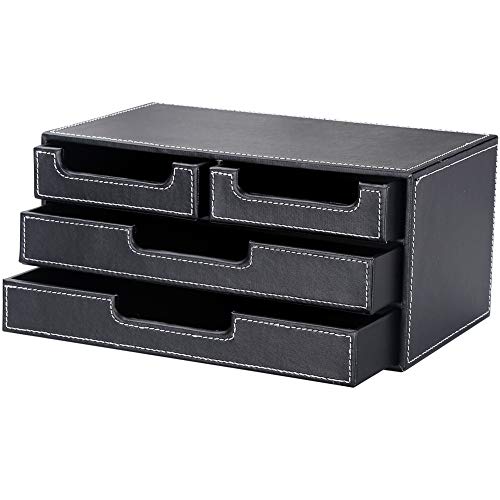 KINGFOM PU Leather Desk Organizer with 4 Drawers Small, Desktop Organizer Drawer for Office Supplies Accessories, Stationery Storage Box Bills Collection Holder Black - Image 3