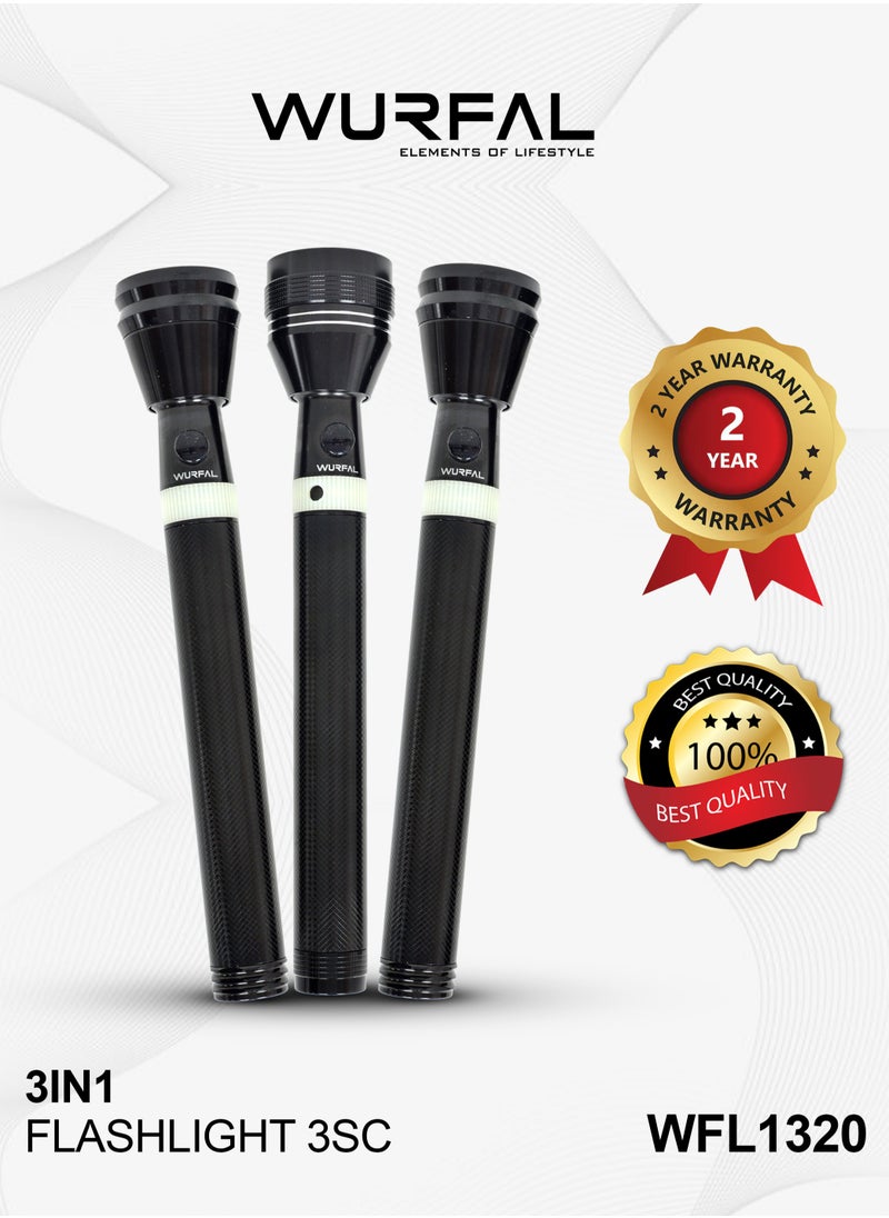 Wurfal WURFAL 3 In 1 LED Flashlight / 3sc Rechargeable LED Flashlight Black WFL1320  - Image 1
