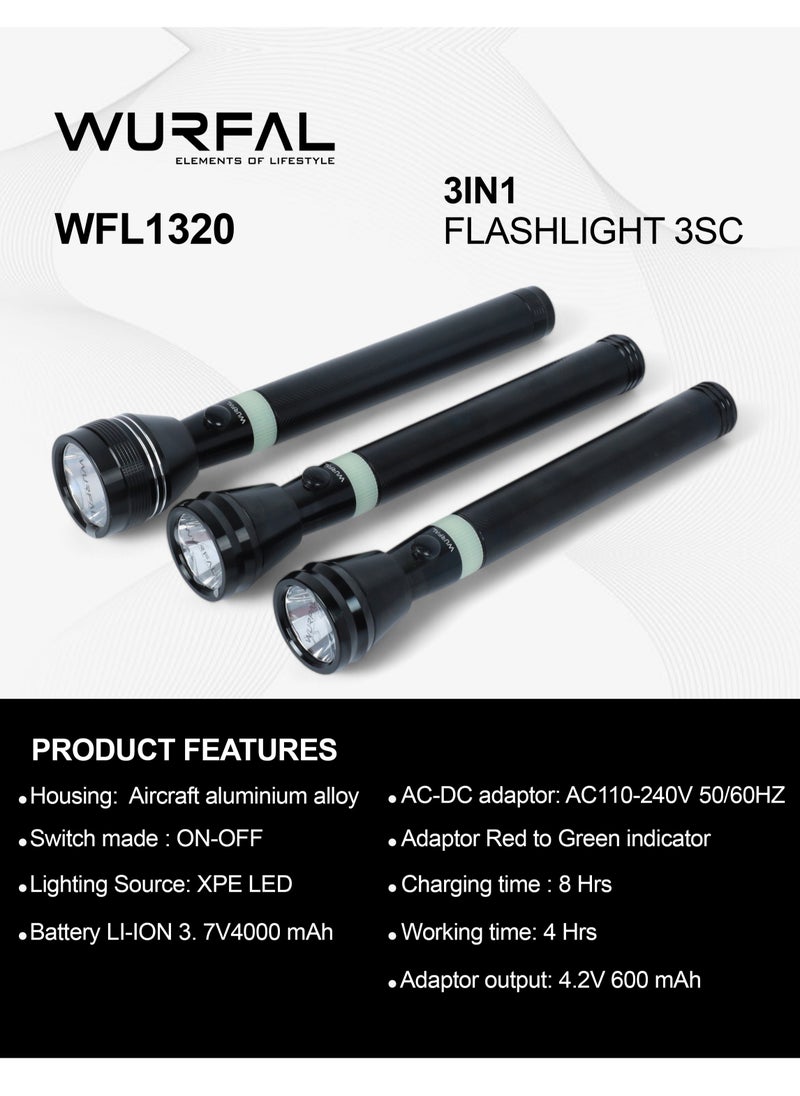 Wurfal WURFAL 3 In 1 LED Flashlight / 3sc Rechargeable LED Flashlight Black WFL1320  - Image 3